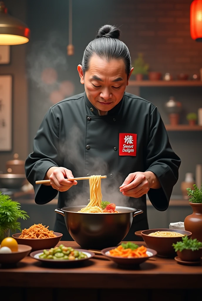 generates an oriental cook who wears a uniform that says: sweet delight and that is cooking a ramen, make it realistic