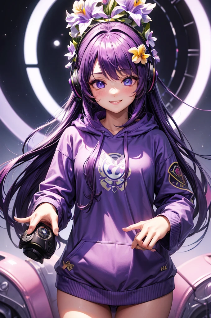 ((Masterpiece)) , ((High Quality)) , ((Ultra Details)) , ((4k)) , 1Girl , Solo , Women , Long Hair , Hair Flower , ( Iris Flower ) , Purple Hair Color , Blue Eyes , (Eyes Details) , Cute Face , Blush , Cute Smile , Purple Hoodies , Long Sleeve Hoodies, Playing Game , Holding Controller , Wear Headphone