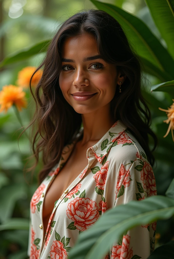 A Brazilian woman in a lush tropical garden, wearing an open shirt with a floral print, with a close-up capturing the harmonious beauty between her breasts and the natural flowers, showing off your natural charm and outgoing personality.