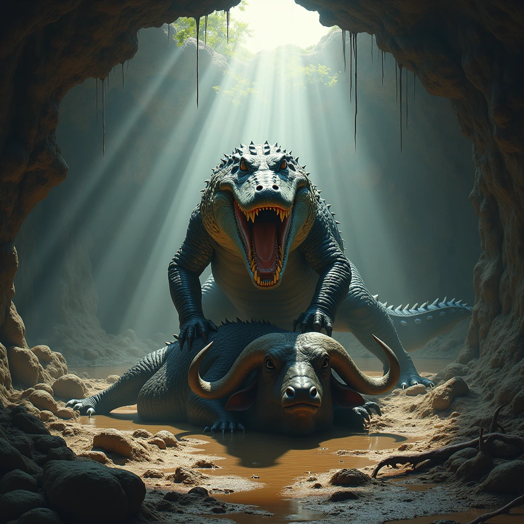 Saltwater Crocodile on a dead Cape Buffalo that it fought in a cave