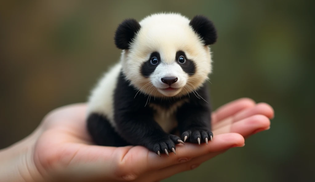 photorealistic, TO, little chubby  [panda] sits on human perfect sexy fingers