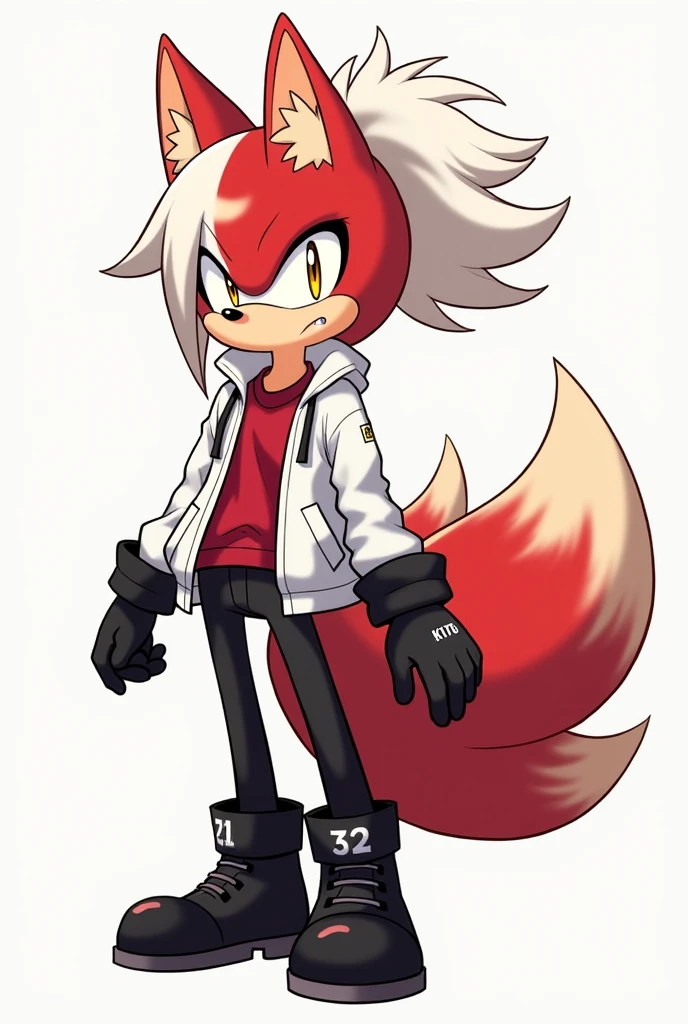 Create a Kitsune with half white and half red hair, with a ponytail, with fringe on the left side, yellow eyes, eyes large, humanoid, with ears and nine tails, in the form of a Sonic-style character, o nome dele é Kito Kaiiatsubaky, Men's White Windbreaker Jacket with Red Shirt, black pants and men's black boots,with black gloves, Personalidade: always cheerful and lively and willing to protect his friends and companions.