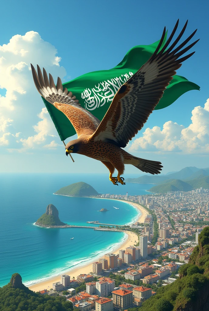A falcon carrying the flag of Saudi Arabia flying over Salvador Bahia