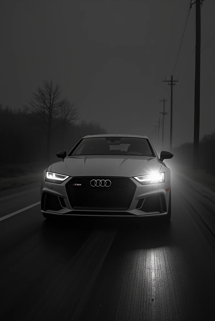 Génére une photos dune audi rs7 flashé par un radar la photo doit etre en noir et blanc le conducteur doit etre cagoulé 