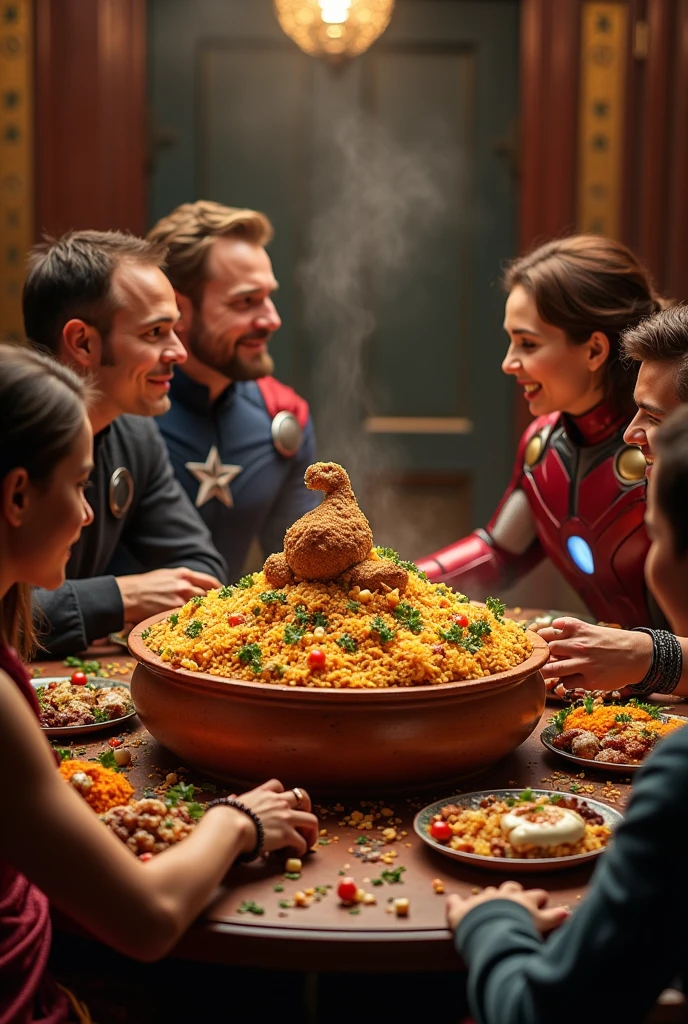 Generate a photo where all the main characters of avengers are sitting together and having matka Biryani. Write taj chicken biryani in middle of matka.