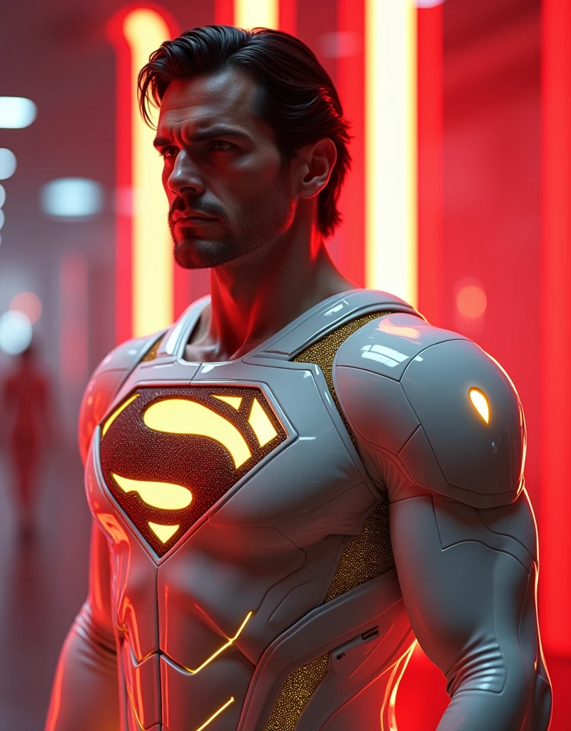 Superman henry Cavill in cyberpunk white golden glossy suit in neon red light cenematic background