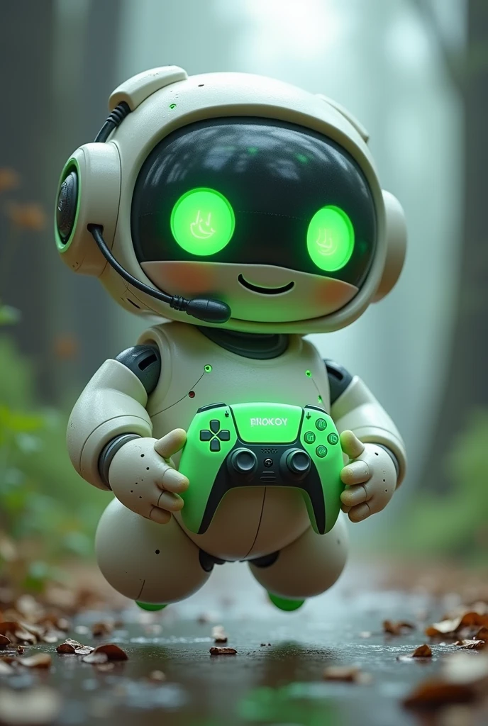 Create a medium-sized robot pet with a ghost-like appearance. With slightly rounded shapes resembling a drop. On your hands you have well defined fingers. His facial expression has large, green eyes with a glow, conveying a friendly and cheerful expression. He has a small open mouth with a happy smile and flushed cheeks.. Its body is white with small green details and a smooth, slightly shiny texture.. He has a headset on his head with an adjustable microphone positioned close to his mouth.. And on his chest you can see the illuminated shape of a Playstation 5 controller in fluorescent green.. It floats in the air, as if he were ready for an adventure. Behind the character you can see a portal and on it is written "Soul Gamer"