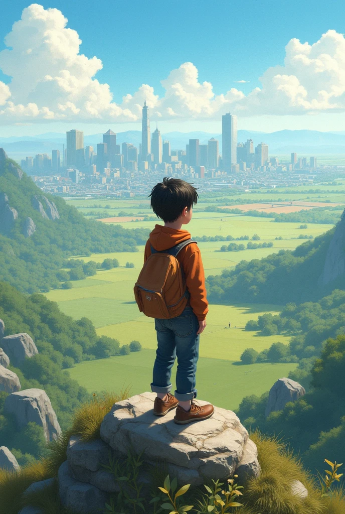 A smart boy withba casual dressup watching a large field an a city from a view point of a mountain.