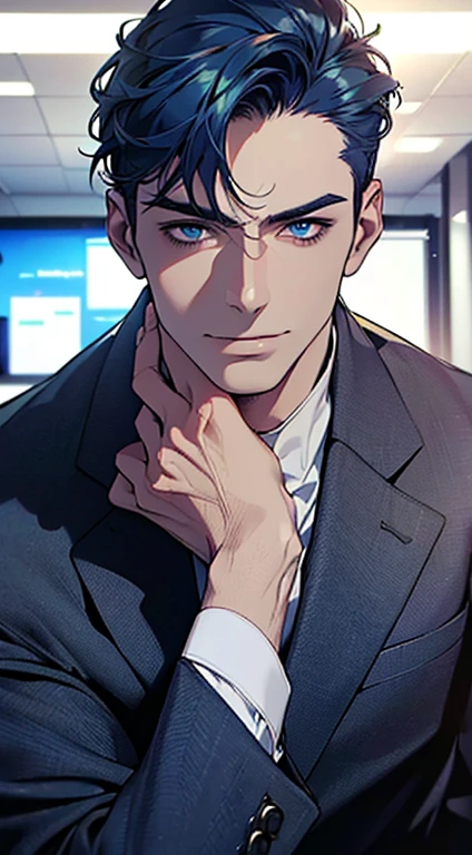 (best quality,4k,8k,highres,masterpiece:1.2),ultra-detailed,(realistic,photorealistic,photo-realistic:1.37),1 man,3,mature man,very handsome,without expression,smile,short blue hair,blue eyes,penetrating gaze,perfect face without errors,imposing posture,businessman,office background,cinematic lighting,hdr image