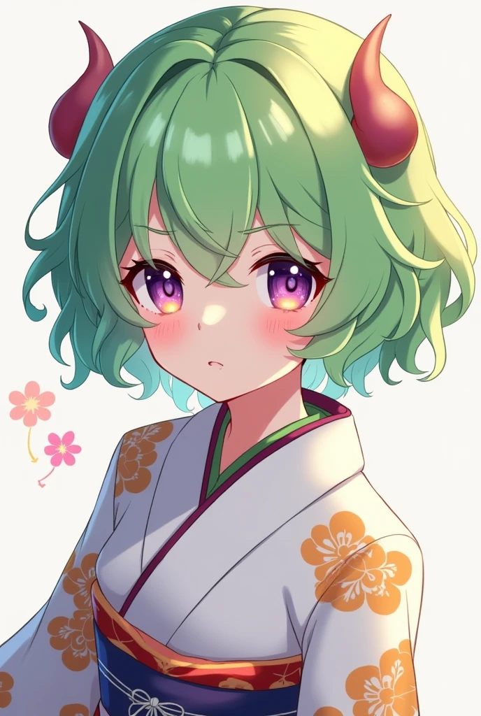 Green Hair、Purple and orange eyes、short hair、Curly hair、Two horns、kimono、