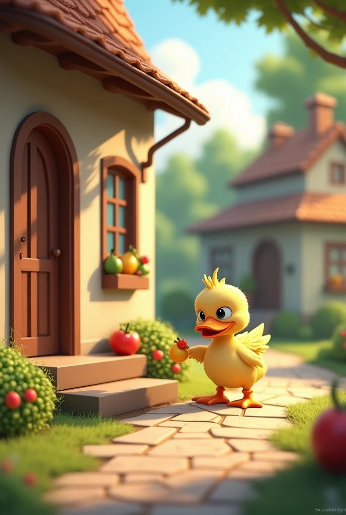 Image of a duck leaving a fruit on the doorstep of a house