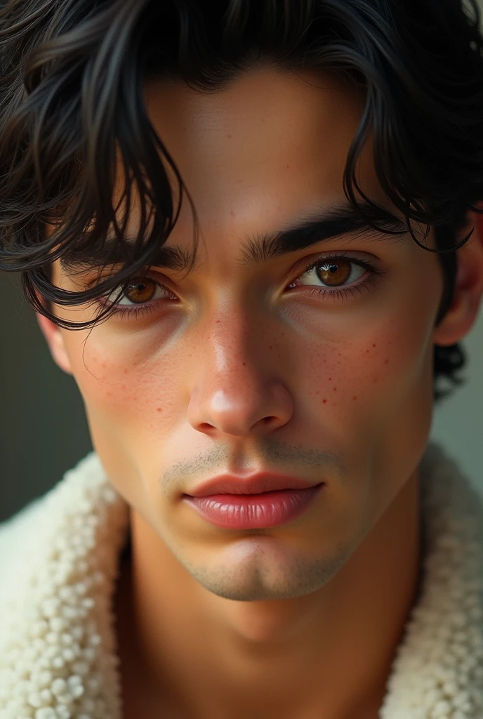 man with light cinnamon colored teas, moles on the face, caramel brown eyes, long eyelashes, pink and round lips, upturned nose with good profile, semi wavy black hair, delicate fractions