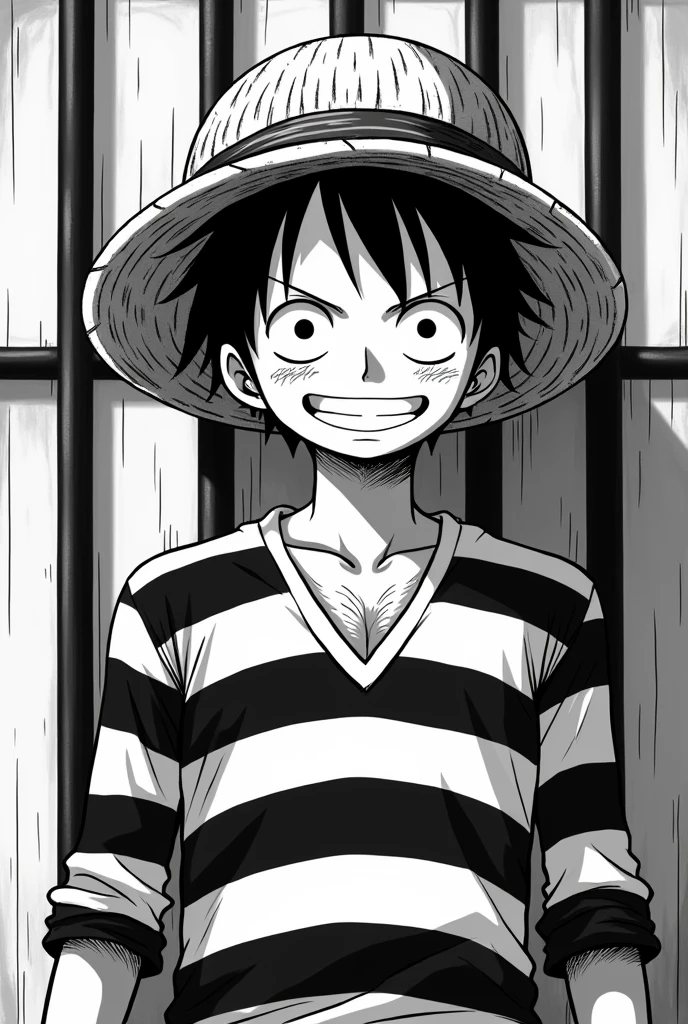 Monkey D. Luffy in prison uniform black and white striped long sleeve with black and white striped prison uniform hat Original anime One Piece 