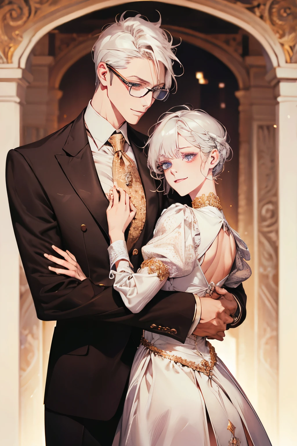 Short_silver_hair, hair_back_side, small_bangs_on the sides, 1adult_man, really_purple_eyes, beautiful_and_detailed_eyes, nice_smile, dress, white_business_suit, holding_a_silver_cane_with_gold_handle, detailed_hands, wearing_white_glasses, better_quality, HD_quality