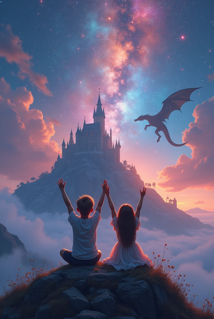 Create an image of two young people sitting on the top of a mountain, both looking at the horizon, the boy and the girl raising their opposite hands, seeing beautiful star particles of different colors, and in the background of the blurred space, put a dragon., a castle and a giant of thread fighting with a stone giant while he defends the castle