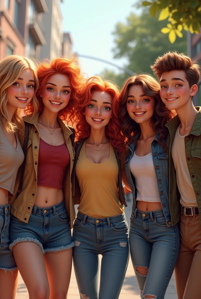 Make a group of friends with a blond teenager, a red-haired teenager, a brunette teenager, a blonde teenager and a teenager with brown hair