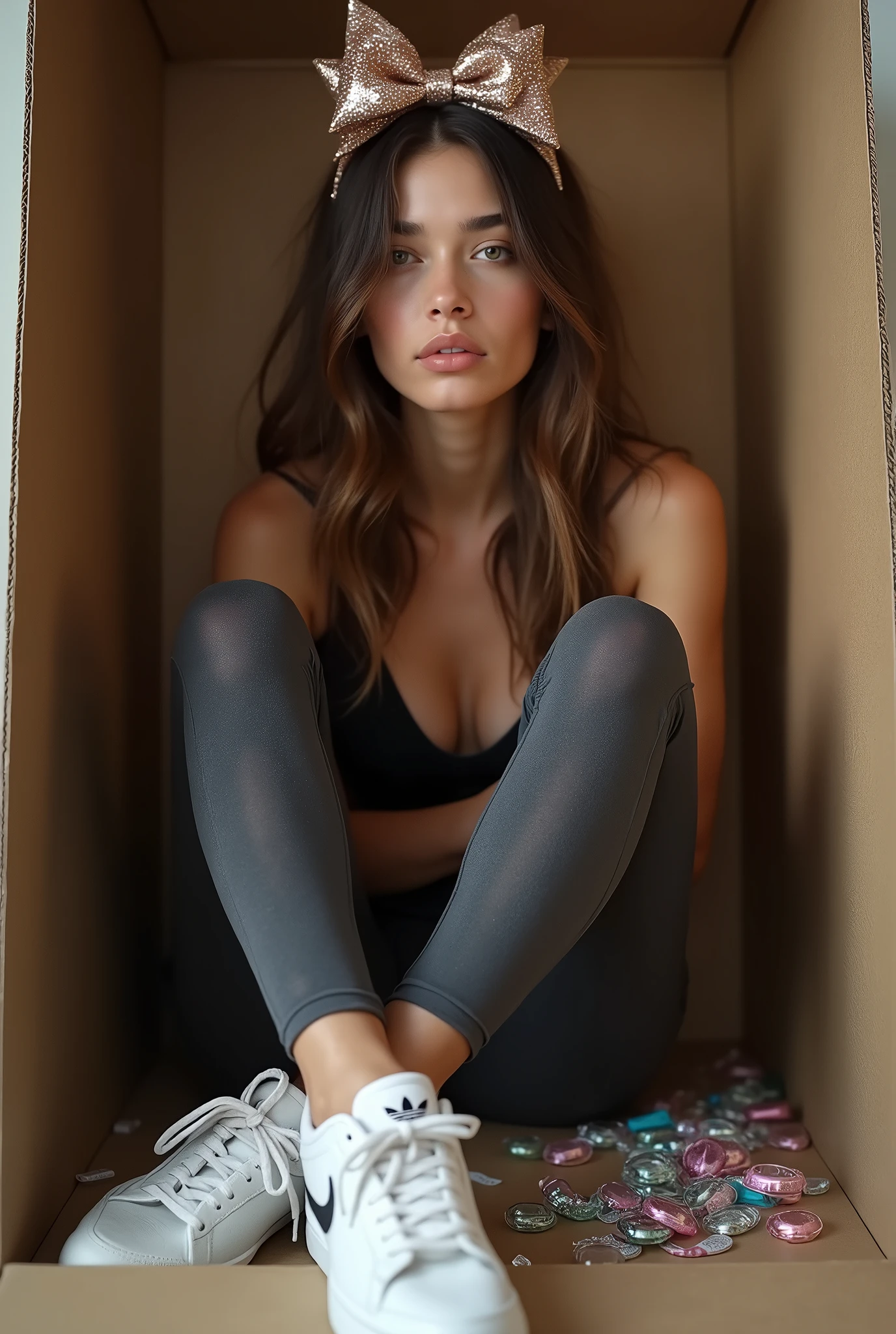 Imagine a beautiful young European woman with brown hair., Beautiful and realistic face, wearing adidas tights on his feet, show their legs, In Nike sneakers, gets pleasure from orgasm , which is covered with plastic, with a gift bow on his head, sitting in a cardboard box with condoms, realistic legs