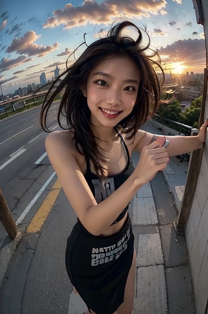 1 punk girl, fish eye, Self-shot, Wind, hair messy, Sunset, Cityscape, (Aesthetics and atmosphere:1.2),Smiling、Hyper-realistic