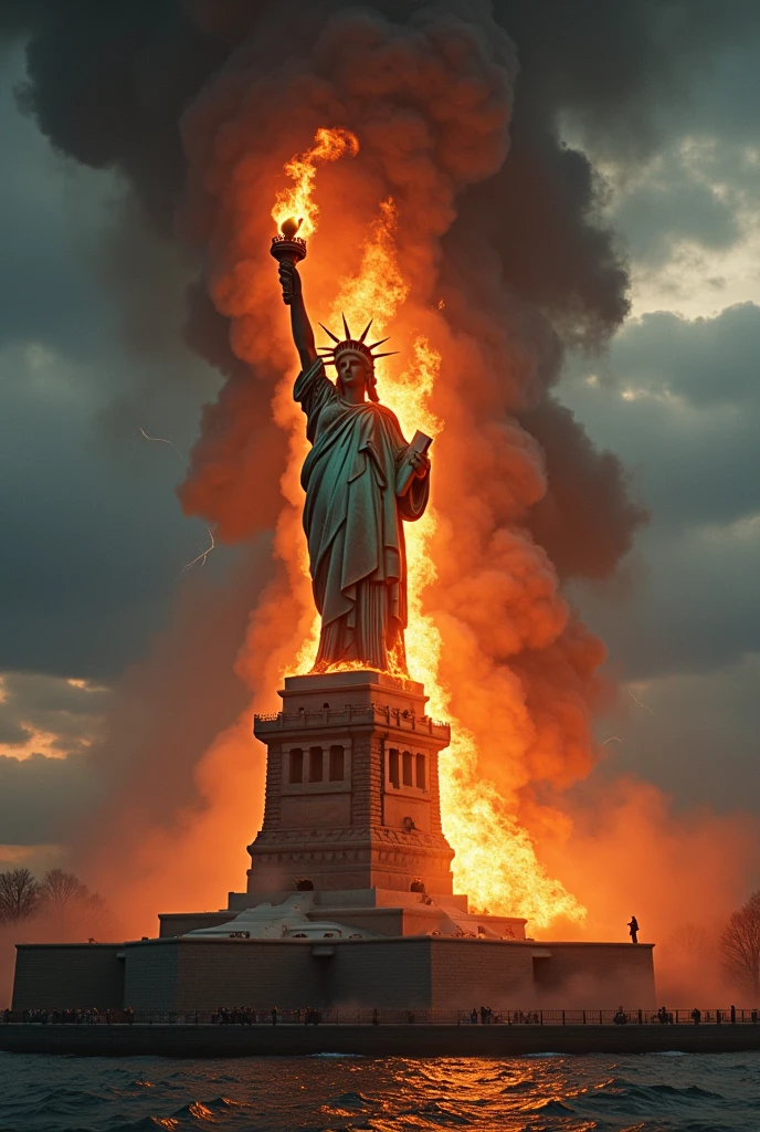 Create an image of the Statue of Liberty on fire