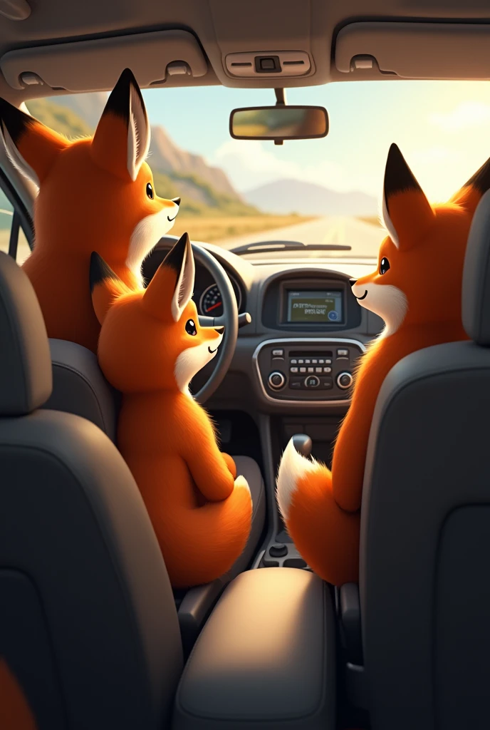 Male child fox sits in the back of the car and his fox parents sit in the front of the car. Are on the journey, complete car seen from the side 