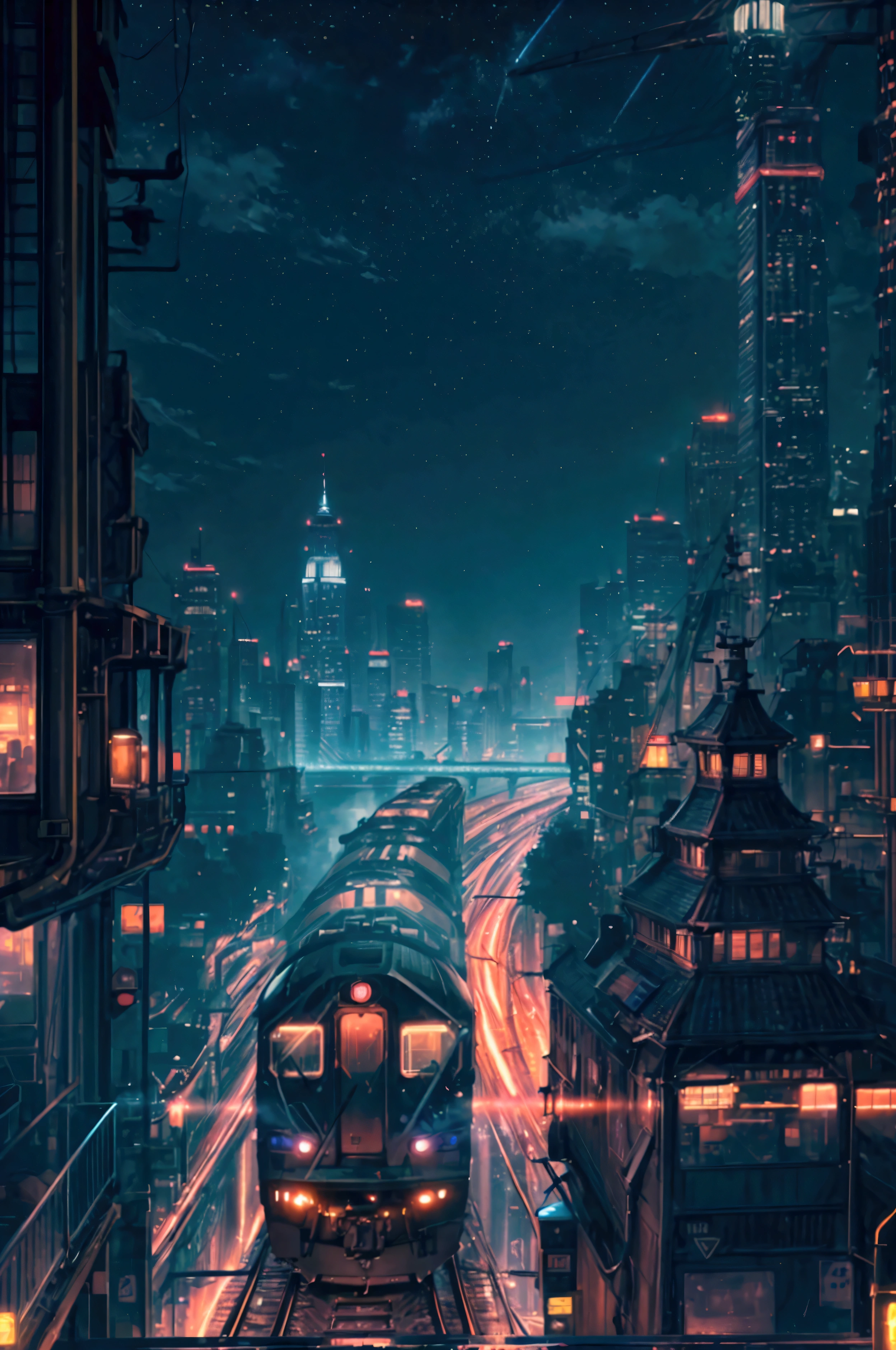 An awe-inspiring ultra-high-definition 4K digital painting capturing the vibrant energy of a sleek train racing through a bustling city at night. The train, with its illuminated windows, cuts through the dark, reflecting the bright lights of the towering buildings it passes. Each building is adorned with neon signs and glowing windows, their lights creating a dazzling display that contrasts with the deep, inky sky above. The scene is bathed in a mesmerizing array of colors, from the cool blues and purples of the night sky to the warm, golden hues of streetlights and the train’s headlights.
In the distance, the cityscape continues, with skyscrapers rising high, their peaks lost in the haze of the night. The train's movement is dynamic, as it weaves through the maze of buildings, creating a sense of speed and urgency. The reflection of the city lights on the train’s metallic surface adds an extra layer of depth and detail, enhancing the sense of motion. The entire scene is rich with intricate details, from the textures of the urban landscape to the subtle glow of the streetlights, capturing the pulse of a city that never sleeps. This digital painting encapsulates the excitement and mystery of a nighttime journey through a vibrant, illuminated metropolis.