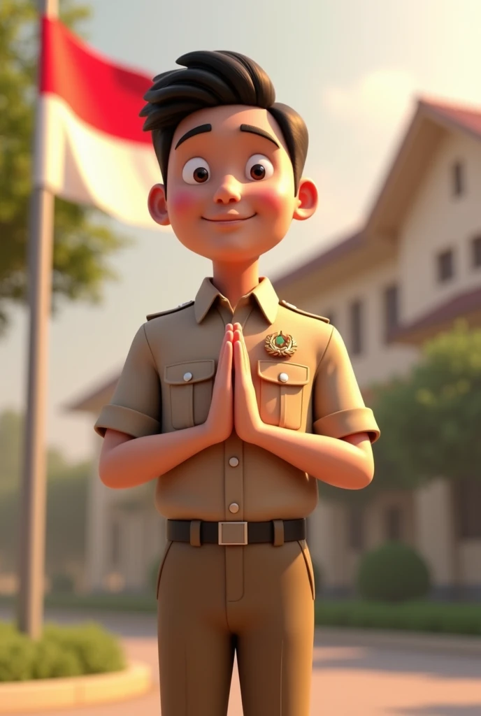 make 3D animated images. A 2 civil servant from the district, smiling expression with light brown shirt, given a praja wibawa pin and light brown trousers and an Indonesian flagpole, with a respectful hand position🫡