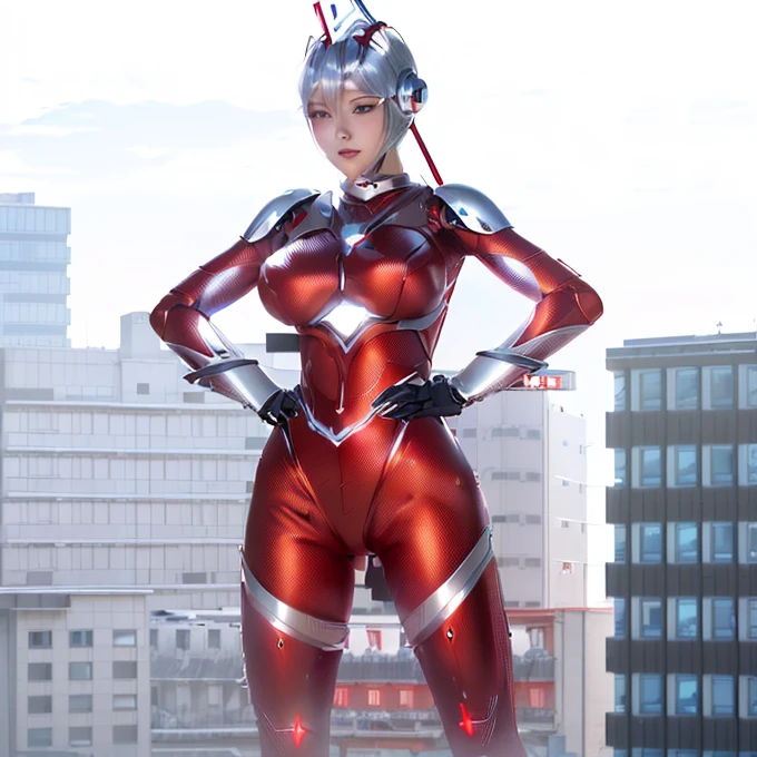 An alien dressed in red and silver stands in front of a city, Female body type, Female cyborg body, body and soul! Asuka Suit, Ultraman, Simple Futuristic Cyborg Empress, Perfect anime cyborg woman, Super detailed, Alien robot naughty nurse, Super-smart female android, Asuka Suit under clothes!, Energetic Varia Suit