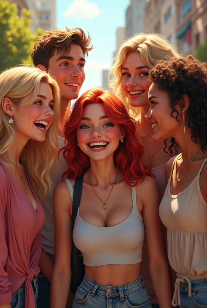 Make a group of friends with a blond ager, a red-haired teen, a brunette teenagerblonde teenager andeenager with brhair 
 

