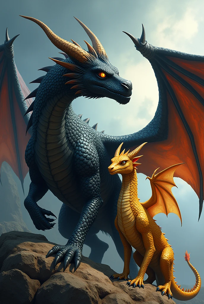 Very large black dragon accompanied by a smaller golden dragon 