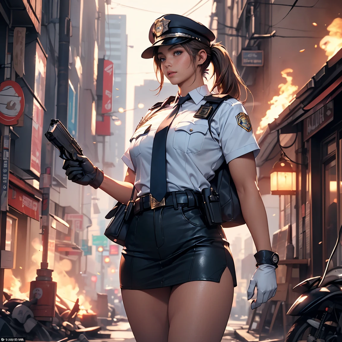 Woman, Reality, (Berets) (Headphones) (High Fork Tights Police Suit, Police Logo) (Pantard Fishnet Socks), (Lips slightly open, light smile), (Shiny skin: 1.1), (Shiny skin: 1.1), (Looking at the audience), (Bodybuilding), (Full Body), Masterpiece, Highest Quality, High Resolution, Absurd, Realistic --auto