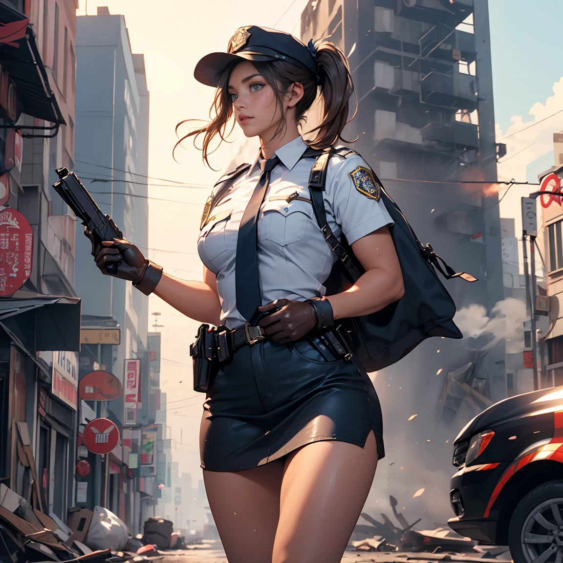 (1woman only), Pretty Caucasian (female), Sarah Shahi, a slim but muscular body, huge breasts, dark brown messy hair, blue eyes, (((perfect anatomy, super detailed skin))), 1 girl, police girl, shiny skin, large breasts:0.5, looking away, looking up, watching the view, beautiful hair, beautiful face, beautiful detailed eyes, (long hair:1.5, side ponytail:1.7), bangs, hair between eye, red eyes, beautiful clavicle, beautiful body, beautiful chest, beautiful thighs, beautiful legs, face, mole under eye, ((policewoman uniform, light blue short sleeved shirt, navy necktie, high waisted sexy miniskirt), belt, white gloves, police hat, handcuffs), seductive thighs, ((holding police stick in hand or handgun))), , (beautiful scenery), wasteland, burning city, 8k, top-quality, masterpiece:1.2, extremely detailed), (realistic, photorealistic:1.2), beautiful illustration, cinematic lighting, exposed sexy thighs, full body view, far away view,