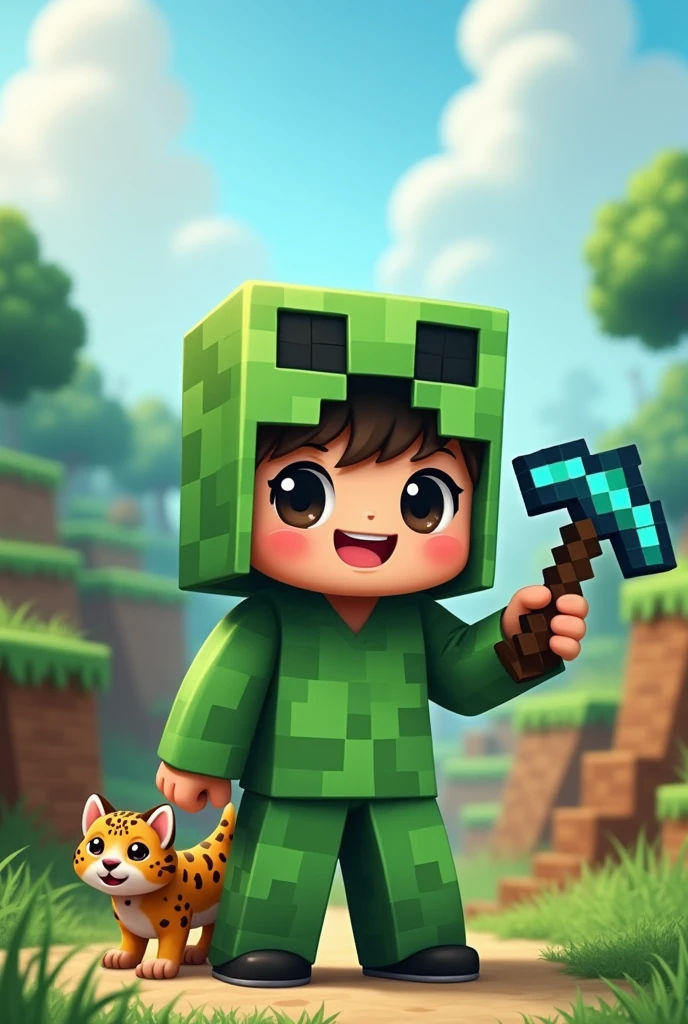 Cute boy dressed as Minecraft crepper luck holding a diamond minecraft pickaxe or iron sword with a pet ocelot