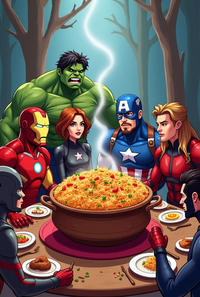 Generate a photo where all the main characters of avengers are sitting together and having matka Biryani. Write taj chicken biryani in middle of matka. Generate a cartoon theme