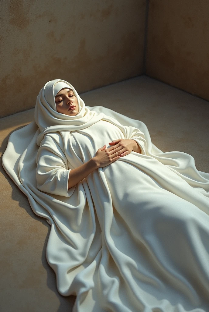 A woman from the Bible who is dead with a white cloth over her body lying on the floor