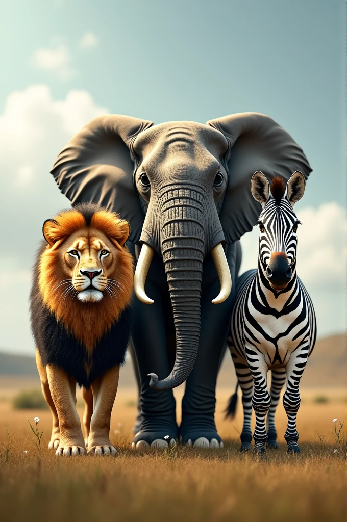 There are three animals in a row: Lion - Elephant - Zebra