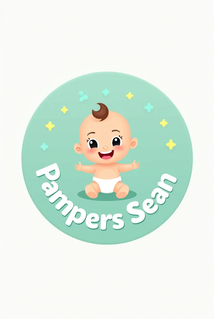 Create a logo for a pampers company that says "pampers SEAN" and in the center there is a in a diaper, and the logo is circular