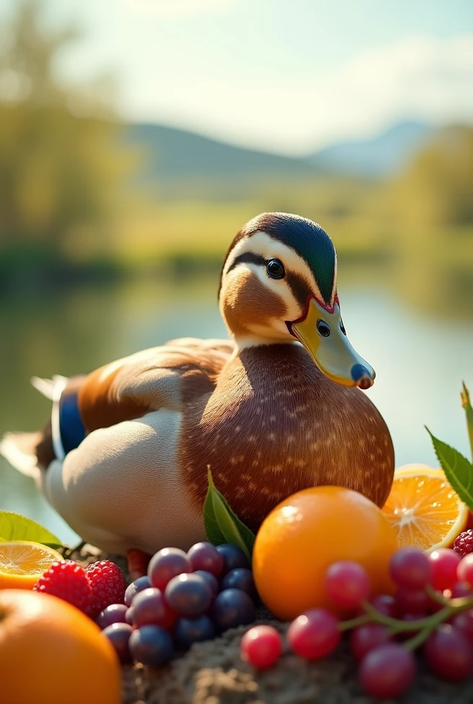 image of a duck eating fruit