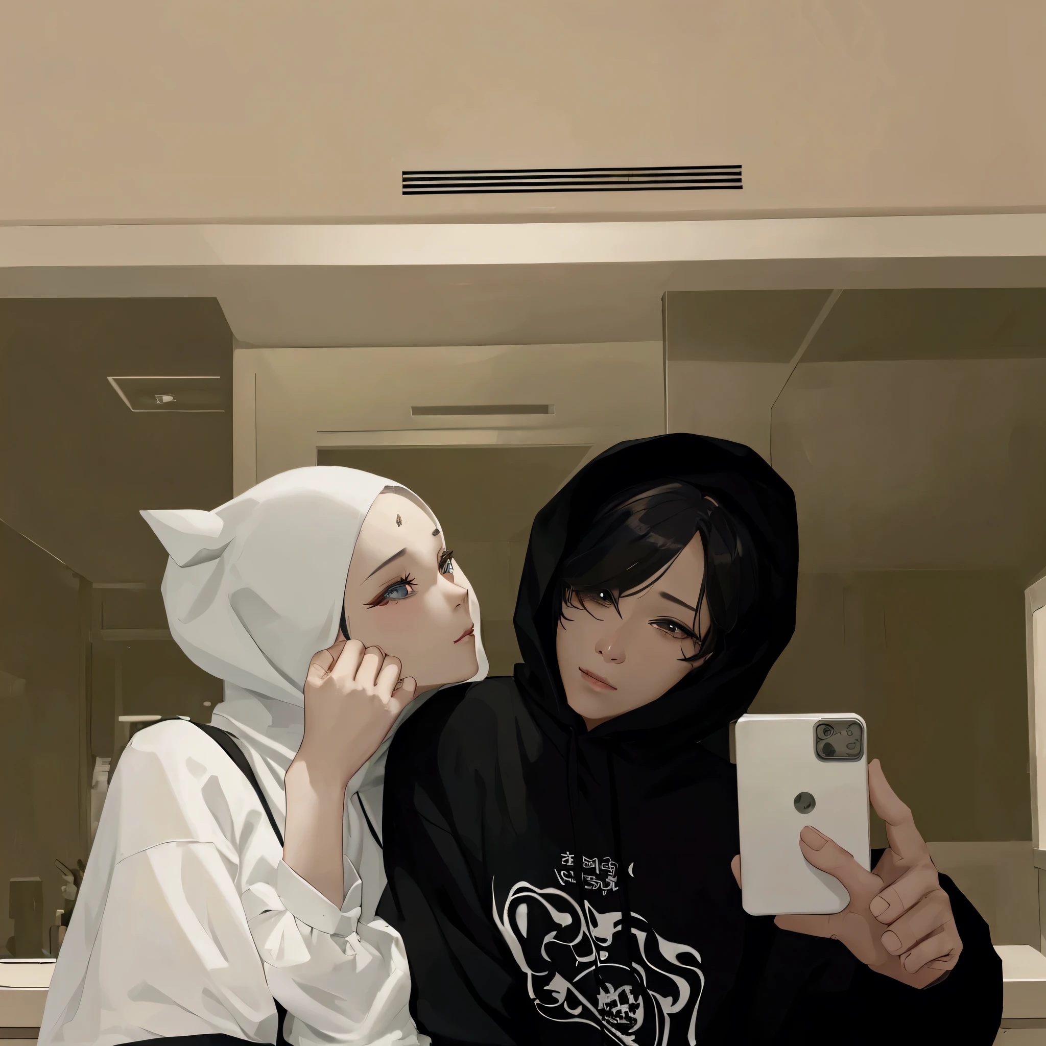 there is a man and woman taking a selfie in a mirror, artwork in the style of guweiz, couple pose, realism artstyle, selfie, realistic picture, ulzzang, in love selfie, high quality fanart, photorealistic!!!!!!! art style, realistic artstyle, couple, guweiz, in a black hoodie, lovely couple, inspired by jeonseok lee
