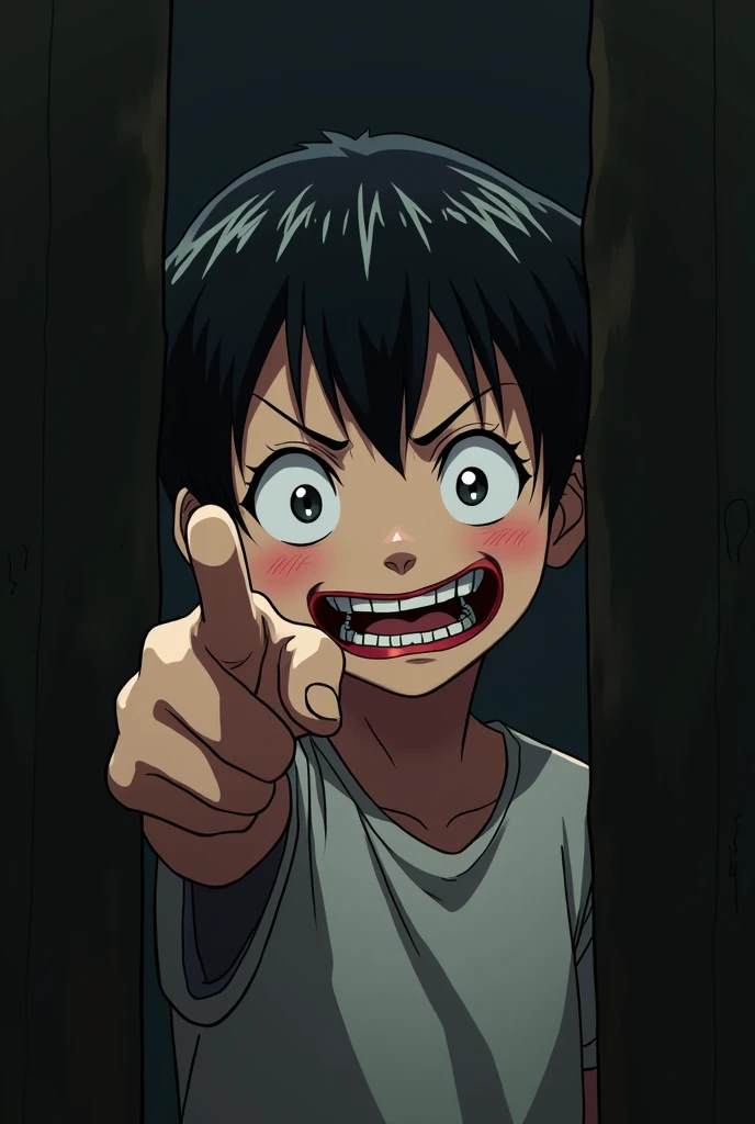 anime boy, laughing with a macabre face, pointing at the fourth wall