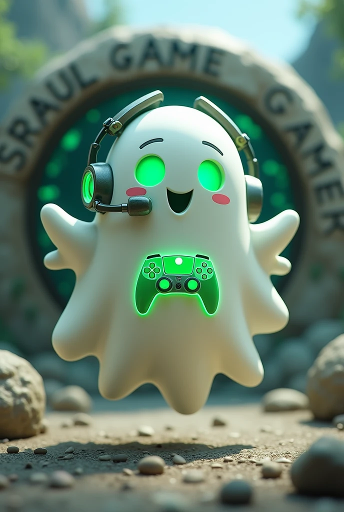 Create a medium-sized robot pet with a ghost-like appearance. With slightly rounded shapes resembling a drop. On your hands you have well defined fingers. His facial expression has large, green eyes with a glow, conveying a friendly and cheerful expression. He has a small open mouth with a happy smile and flushed cheeks.. Its body is white with small green details and a smooth, slightly shiny texture.. He has a headset on his head with an adjustable microphone positioned close to his mouth.. And on his chest you can see the illuminated shape of a Playstation 5 controller in fluorescent green.. It floats in the air, as if he were ready for an adventure. Behind the character you can see a portal and on it is written "Soul Gamer"
