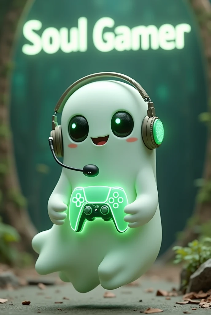 Create a medium-sized robot pet with a ghost-like appearance. With slightly rounded shapes resembling a drop. On your hands you have well defined fingers. His facial expression has large, green eyes with a glow, conveying a friendly and cheerful expression. He has a small open mouth with a happy smile and flushed cheeks.. Its body is white with small green details and a smooth, slightly shiny texture.. He has a headset on his head with an adjustable microphone positioned close to his mouth.. And on his chest you can see the illuminated shape of a Playstation 5 controller in fluorescent green.. It floats in the air, as if he were ready for an adventure. Behind the character you can see a portal and on it is written "Soul Gamer"