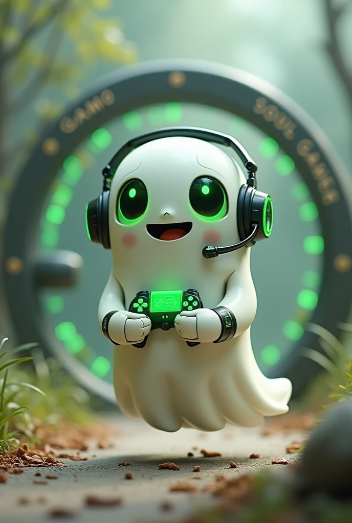 Create a medium-sized robot pet with a ghost-like appearance. With slightly rounded shapes resembling a drop. On your hands you have well defined fingers. His facial expression has large, green eyes with a glow, conveying a friendly and cheerful expression. He has a small open mouth with a happy smile and flushed cheeks.. Its body is white with small green details and a smooth, slightly shiny texture.. He has a headset on his head with an adjustable microphone positioned close to his mouth.. And on his chest you can see the illuminated shape of a Playstation 5 controller in fluorescent green.. It floats in the air, as if he were ready for an adventure. Behind the character you can see a portal and on it is written "Soul Gamer"