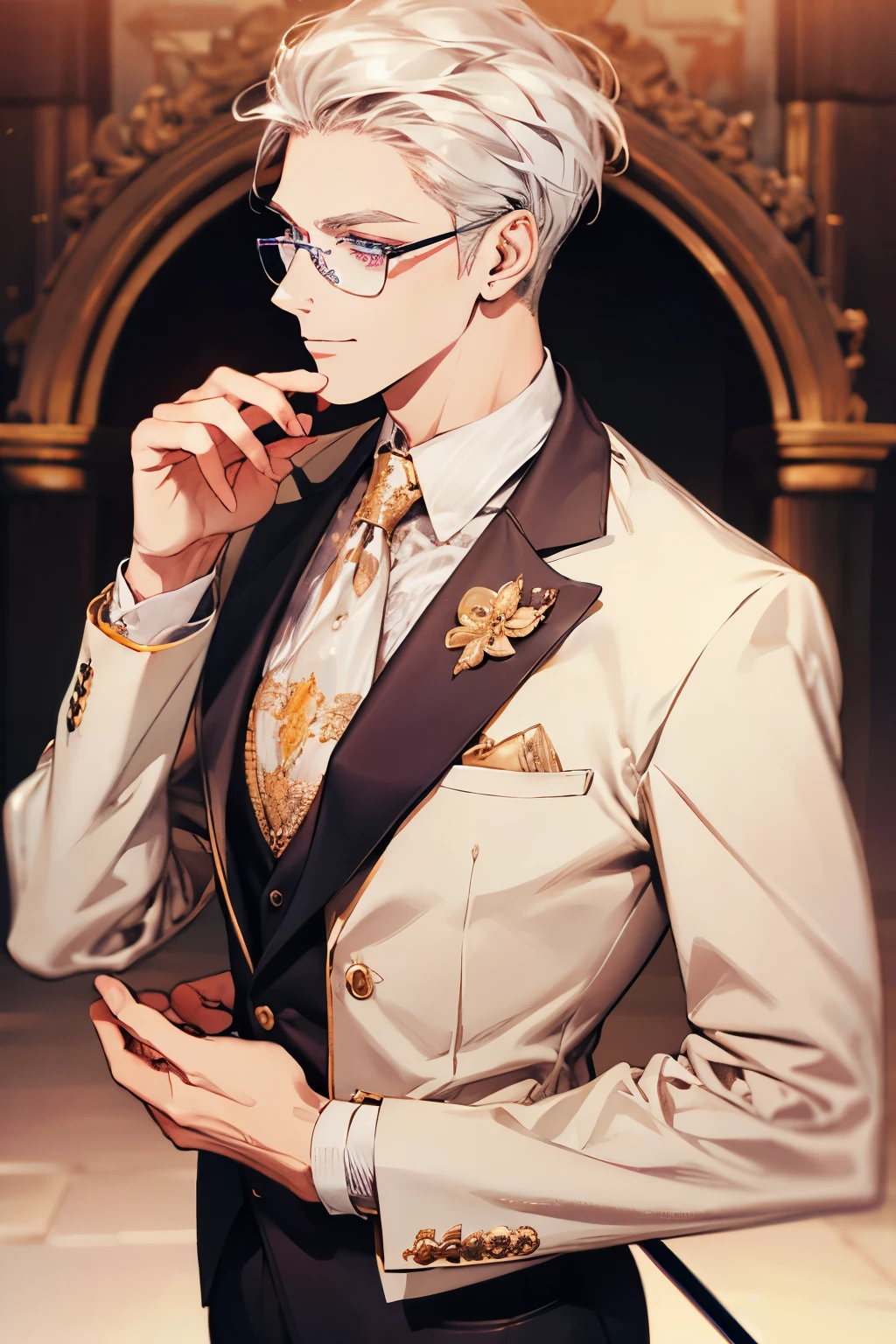 Short_silver_hair, hair_back_side, small_bangs_on the sides, 1adult_man, really_purple_eyes, beautiful_and_detailed_eyes, nice_smile, dress, white_business_suit, holding_a_silver_cane_with_gold_handle, detailed_hands, wearing_white_glasses, better_quality, HD_quality