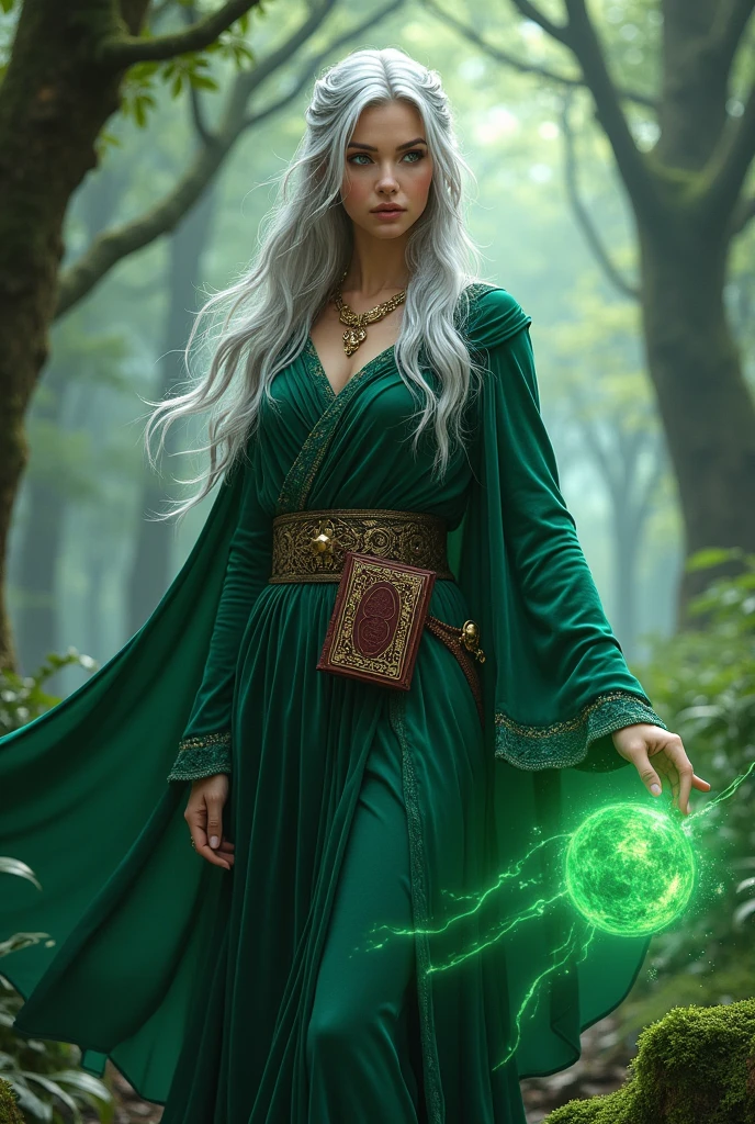 Eliana, an adventurer with advanced magical abilities, stands in a determined pose in an enchanted forest. She is an elven woman with long, silver hair that falls in soft waves.. His eyes are intense green, reflecting its connection to magic. He wears an elegant magical robe in shades of green and blue., with golden details that shine subtly. On his belt hangs an ancient book with a cover decorated with arcane symbols.. It is equipped with a green velvet cape that blends in with the surrounding vegetation.. Around it, There is a magical earth barrier that protects it, and in the background you can see the living trees that surround it. The atmosphere is magical and vibrant, with flashes of magical light illuminating his figure and the surroundings."