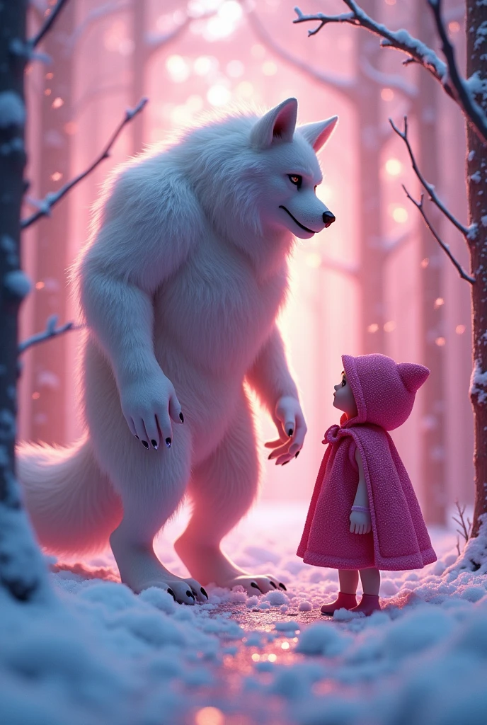 Big Bad Wolf and Little Red Riding Hood、(Fluorescent Color:1.4)、(translucent:1.4)、(Retro filter:1.4)、(fantasy:1.4)、Candy world Disneyland Fantasy fluffy soft scenery forest snow avatar Pastel pink sky green blue glow Dreamy light Pastel soft glow Rainbow stars Diamond glitter Gemstone background Ultra realistic ultra high quality movie lighting Huge details Full HD Full light、