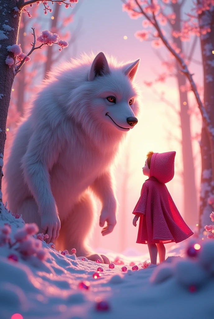 Big Bad Wolf and Little Red Riding Hood、(Fluorescent Color:1.4)、(translucent:1.4)、(Retro filter:1.4)、(fantasy:1.4)、Candy world Disneyland Fantasy fluffy soft scenery forest snow avatar Pastel pink sky green blue glow Dreamy light Pastel soft glow Rainbow stars Diamond glitter Gemstone background Ultra realistic ultra high quality movie lighting Huge details Full HD Full light、
