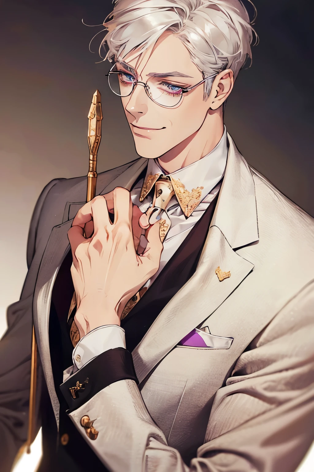 Short_silver_hair, hair_back_side, small_bangs_on the sides, 1adult_man, really_purple_eyes, beautiful_and_detailed_eyes, nice_smile, dress, white_business_suit, holding_a_silver_cane_with_gold_handle, detailed_hands, wearing_white_glasses, better_quality, HD_quality