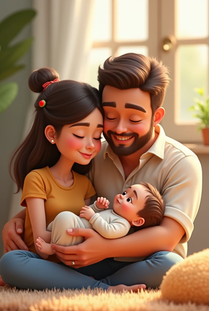 a father and a mother with a  in their arms, 3D cartoon style, cinematic