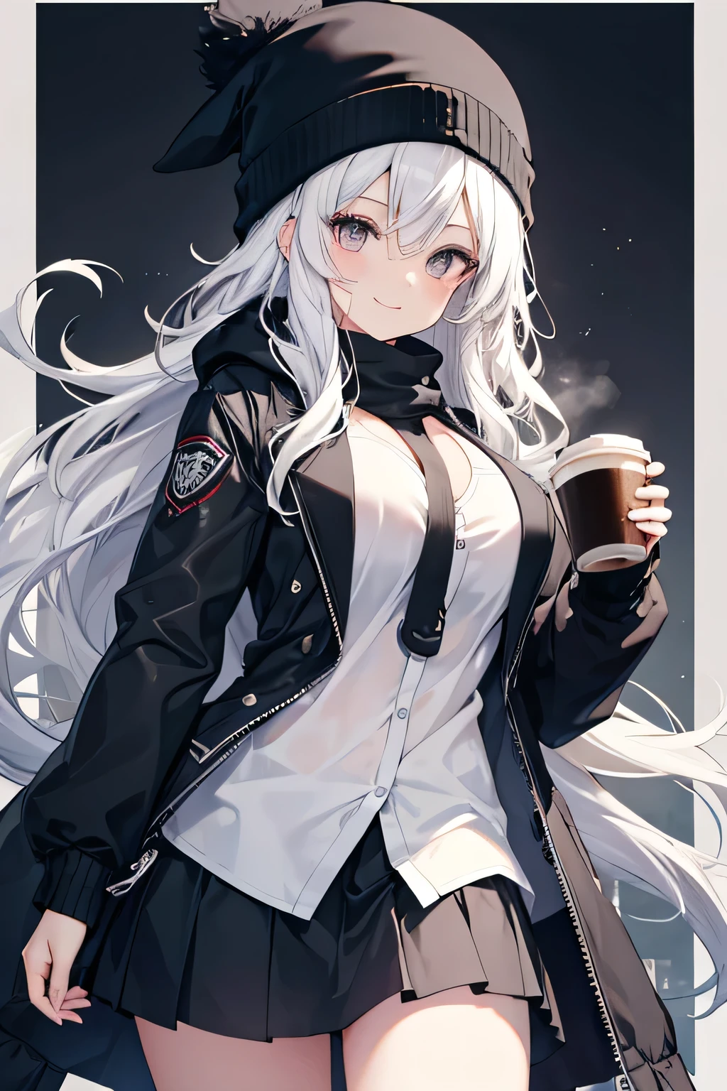 masterpiece, high quality, A pretty woman, Long hair, wavy hair, White hair, dark grey eyes, smiling face, big breasts, juicy breasts, Open shirt, short skirt, black jacket, black beanie hat, Whole body, background of a coffee shop
