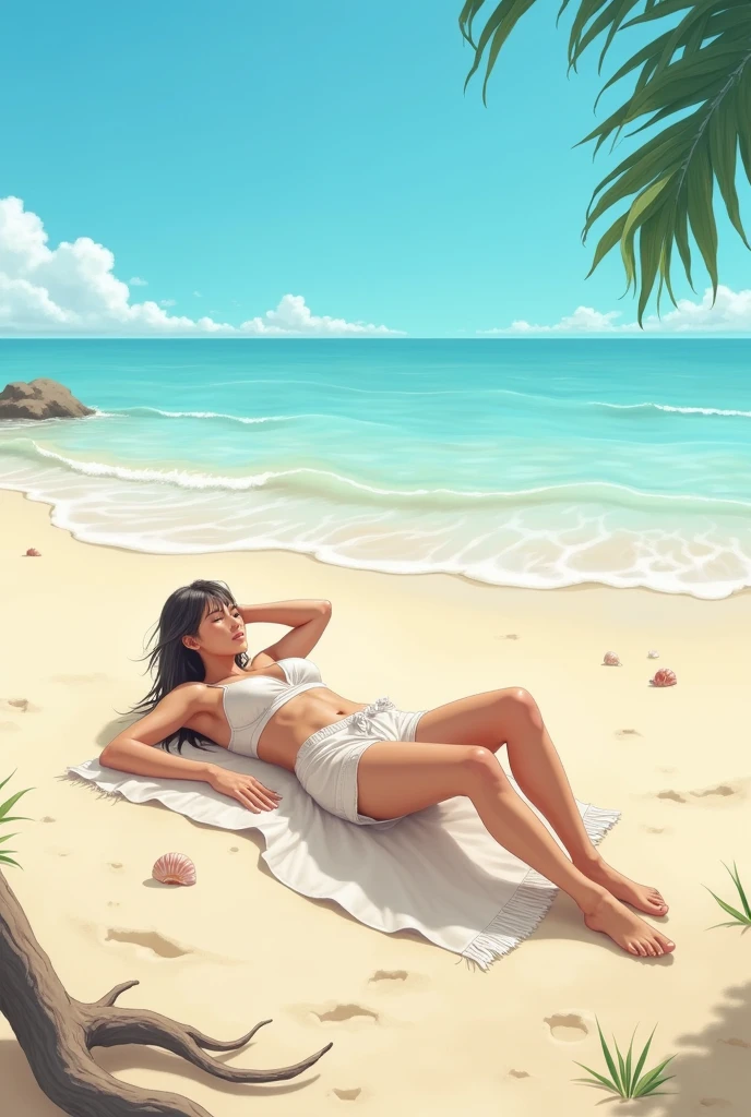 An absolutely mesmerizing sunset over the beach, with a mix of oranges, pinks and yellows filling the sky. The crystal clear waters of the sea gently kiss the coast, with a white sand beach stretching throughout. The scene is dynamic and breathtaking, with seagulls soaring high in the sky and palm trees swaying gently. Soak up the soothing atmosphere and let the tranquility take over you. Skinny black women with bikini-scoring abs --auto --s2